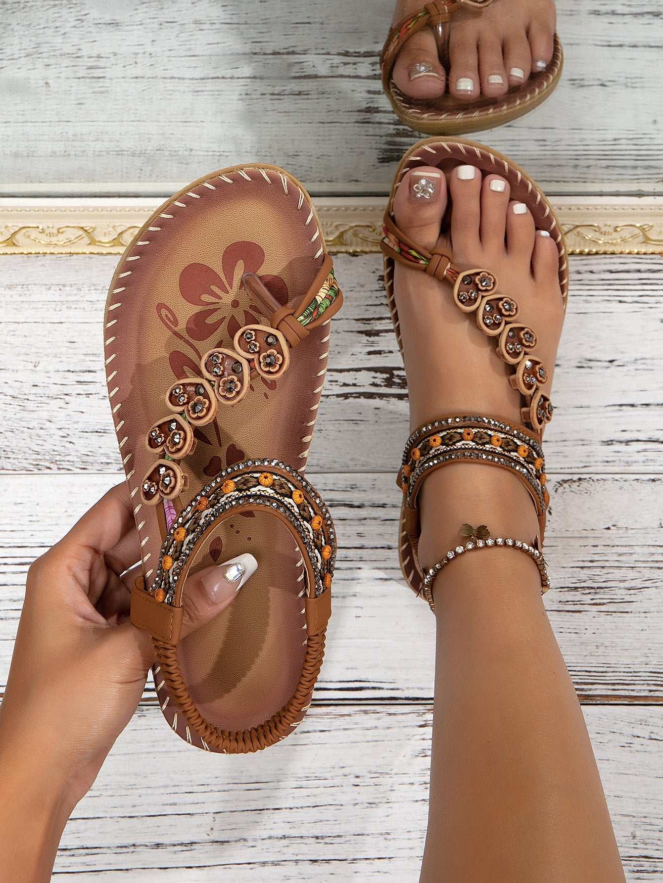 Bohemian Thong Sandals Summer Fashion Flowers Flat Beach Shoes For Women - MarketDomez