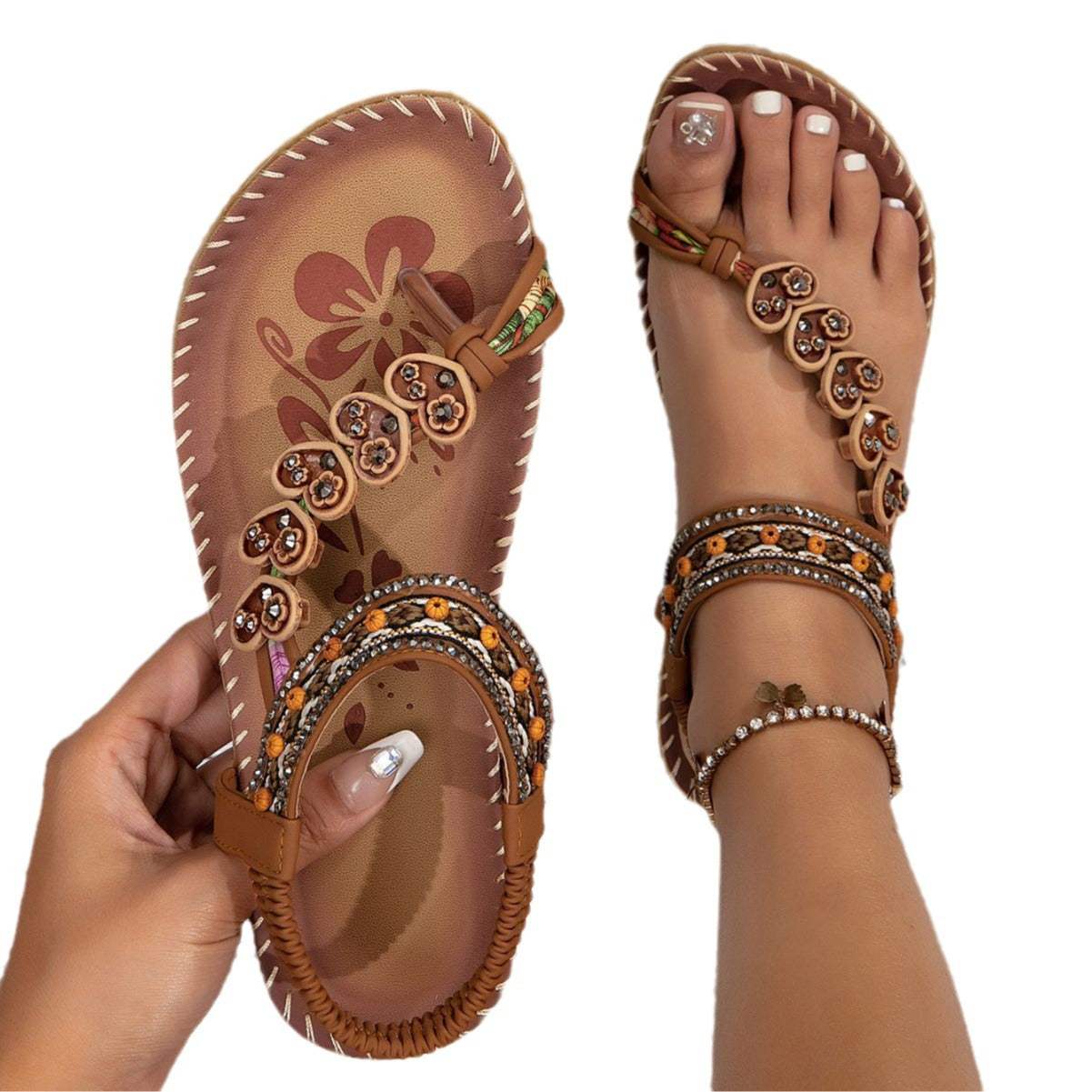 Bohemian Thong Sandals Summer Fashion Flowers Flat Beach Shoes For Women - MarketDomez