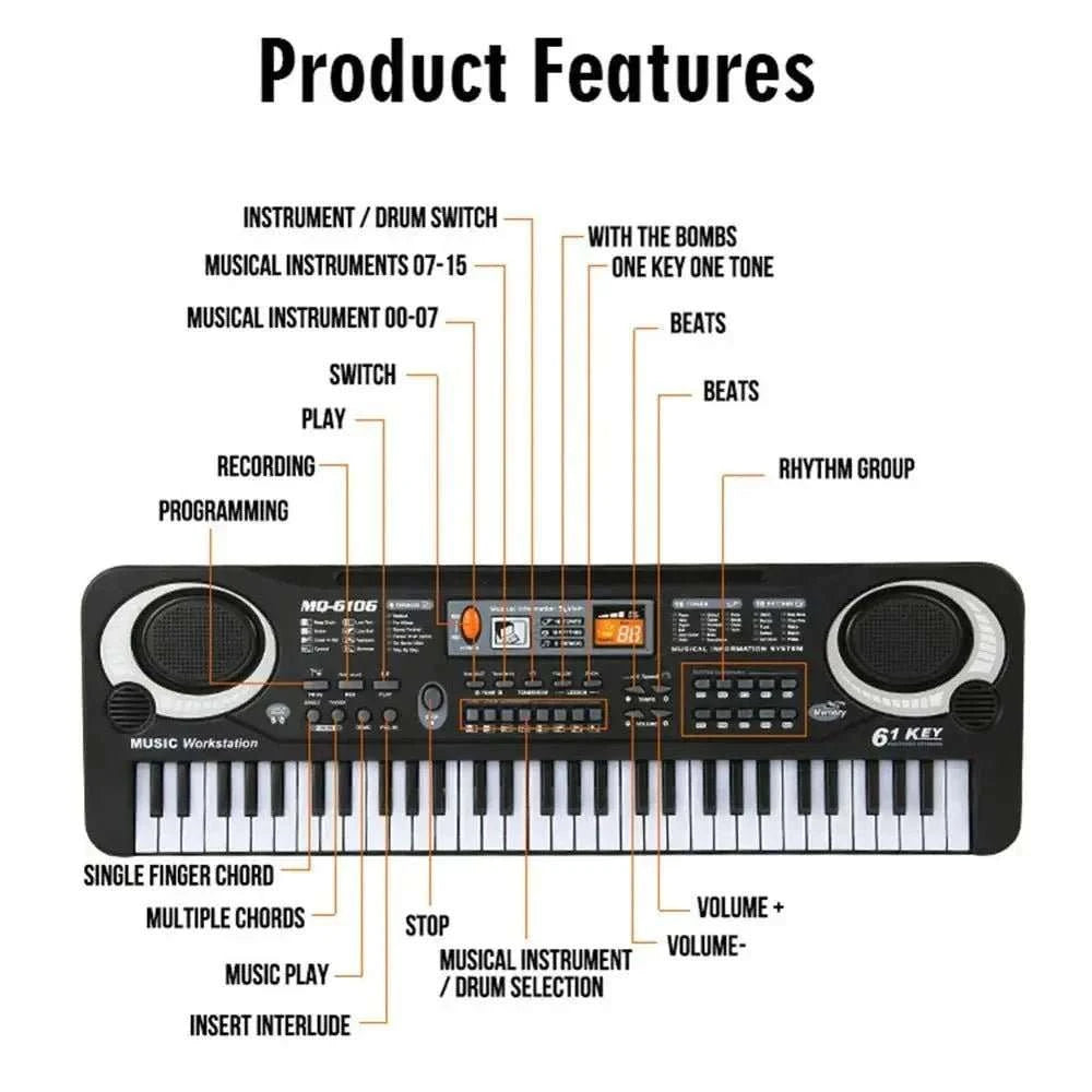 Electronic Piano Keyboard Portable 61 Keys - Kids with Microphone - MarketDomez