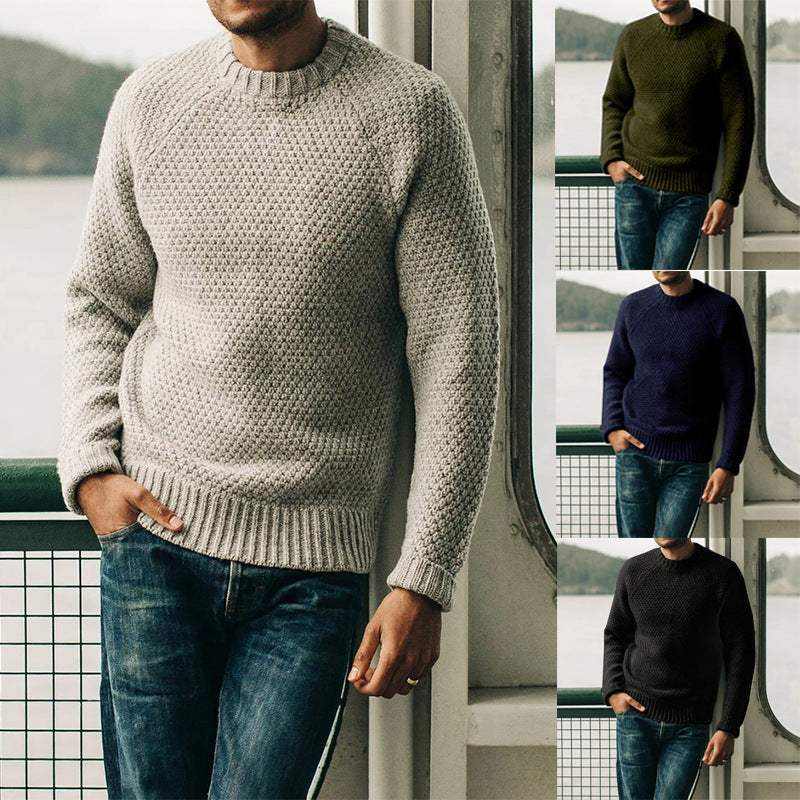 Men's Pullover Sweater Winter Casual Solid Color Round Neck Knitted Top Clothing - MarketDomez