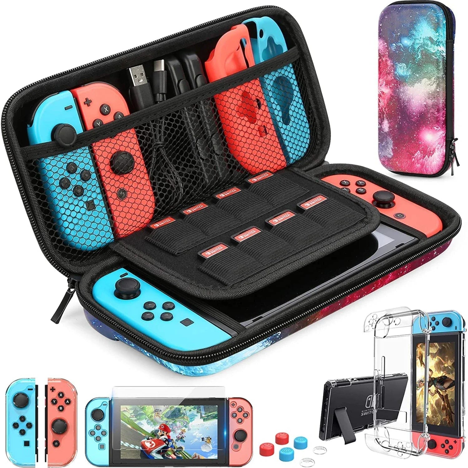 Switch Case Compatible with Nintendo Switch, 9 in 1 Accessories kit with Carrying Case - push up rack, WIFI Repeater, Smart Watch GPS, christmas ornament ball, pet hair cleaner brush, 3m double sided tape, 4-in-1 USB C Cable, automatic toothpaste dispense, Wireless Mobile Controller -  MarketDomez