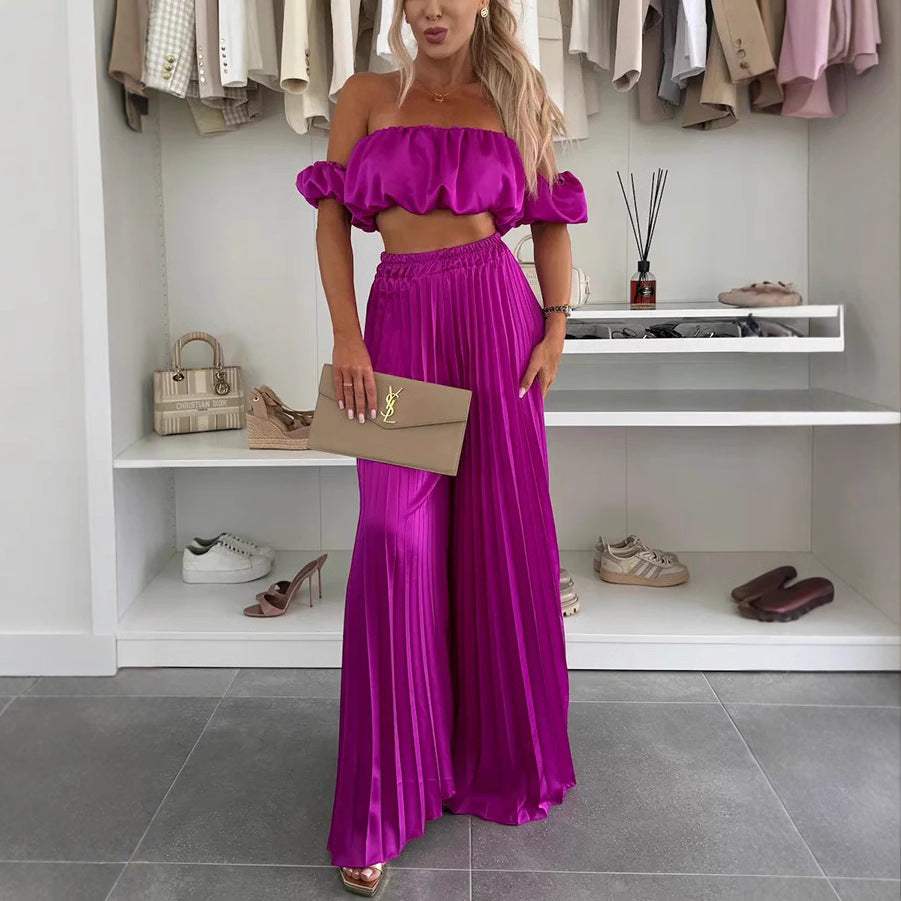 Women's Fashion Satin Tube Top Wide Leg Pants Suit - MarketDomez