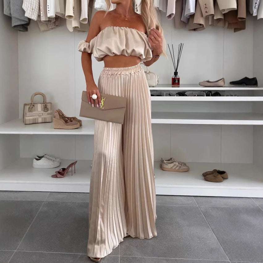 Women's Fashion Satin Tube Top Wide Leg Pants Suit - MarketDomez